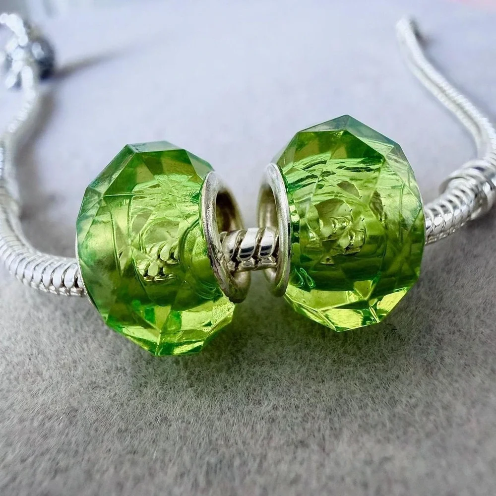 Set of 2 Faceted Lime Green Glass Charm Beads fits PANDORA